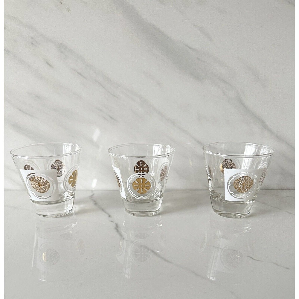 Vintage Large Shot Glasses MCM Mod Gold White Geometric Medallions MCM Bareware